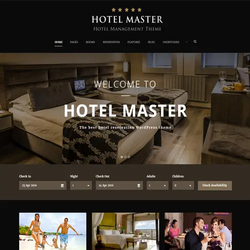 Hotel Master – GPL WordPress Hotel Booking Theme Hotel Master theme showing room booking interface, calendar view, and seasonal pricing options