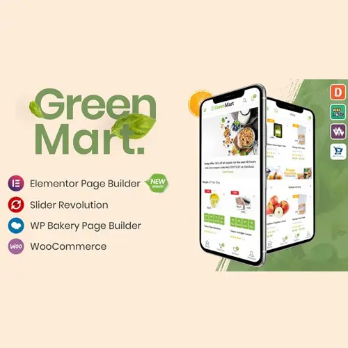 GreenMart WordPress theme homepage showing organic food store layout with product grid