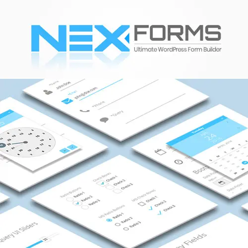NEX-Forms plugin preview showing drag-and-drop builder, multi-step form layout, and conditional logic settings.