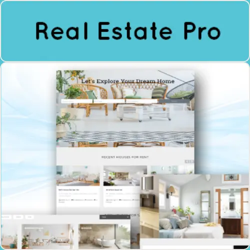 Real Estate Pro plugin interface showing property listings, agent profiles, and membership options