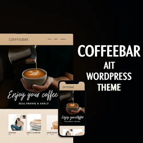 AIT Coffeebar – WordPress Theme for Cafés & Coffee Shops AIT Coffeebar WordPress theme demo showing latte art, café homepage, and mobile layout