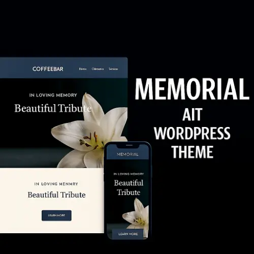 AIT Memorial – WordPress Theme for Tribute & Obituary Websites AIT Memorial WordPress theme demo showing tribute homepage with white lily and mobile layout