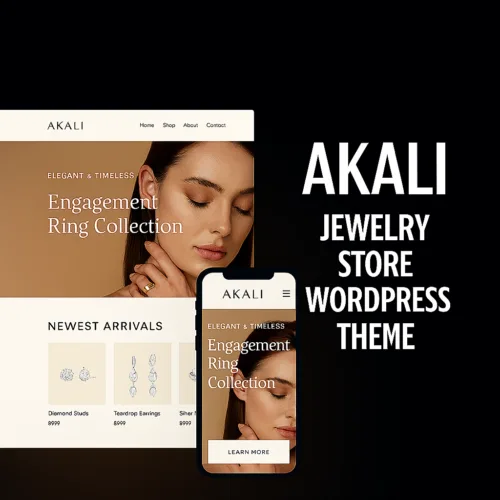 Akali Jewelry WordPress theme demo showing engagement ring homepage and mobile layout