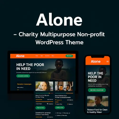 Alone theme preview showing donation hero, campaign cards, and event listing