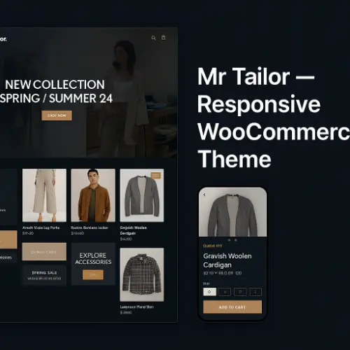 Mr Tailor — Responsive WooCommerce Theme Mr Tailor theme preview showing boutique shop homepage and mobile product view
