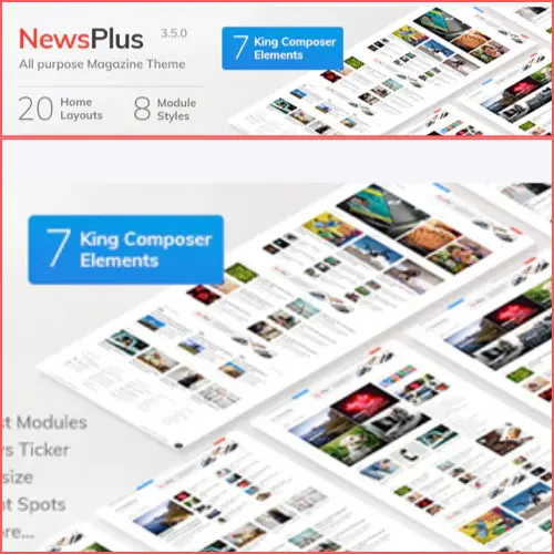 NewsPlus WordPress theme homepage showing magazine layout and featured article blocks