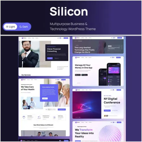 Silicon WordPress theme demo showcasing SaaS and technology website layouts