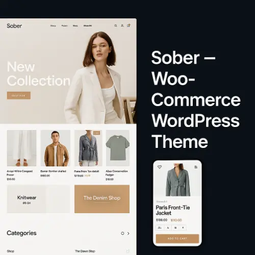 Sober WooCommerce theme homepage showing fashion store layout with product filters
