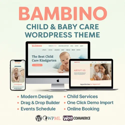 Bambino – Child & Baby Care WordPress Theme Preview Bambino WordPress theme preview showing daycare and baby product demos with playful design and WooCommerce integration.