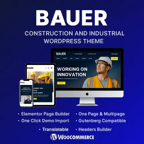 Bauer – Construction and Industrial WordPress Theme Preview Bauer WordPress theme preview showing construction and industrial service demos with project portfolios, quote forms, and responsive layout.