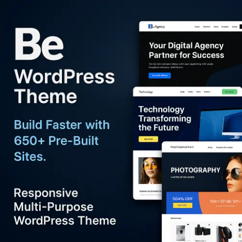 BeTheme WordPress theme preview showing agency, tech, and photography demo layouts with 650+ pre-built sites and responsive design.