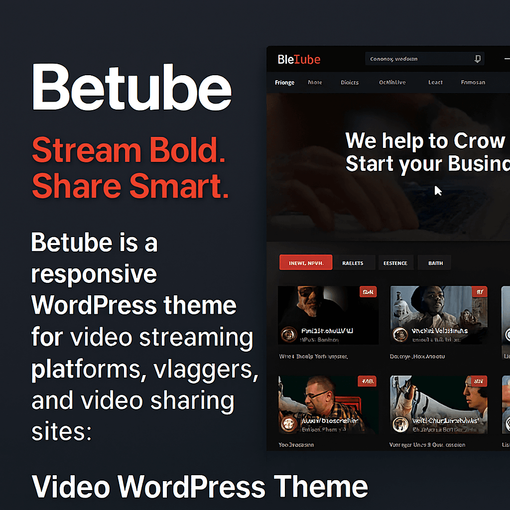 Betube – Video WordPress Theme Preview Betube WordPress theme preview showing video streaming layouts with featured banners, category tabs, and responsive video grid.