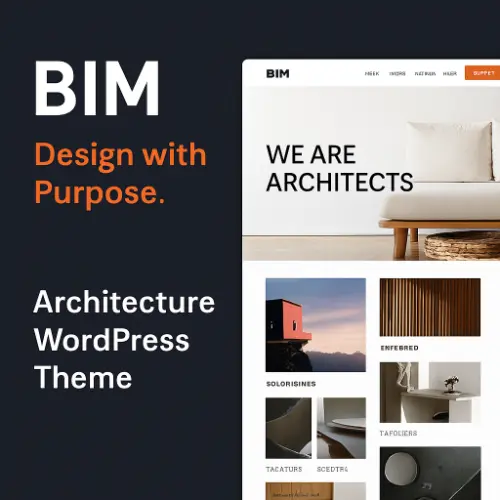 BIM WordPress theme preview showing architecture and interior design layouts with modern living room, service grid, and Elementor integration.