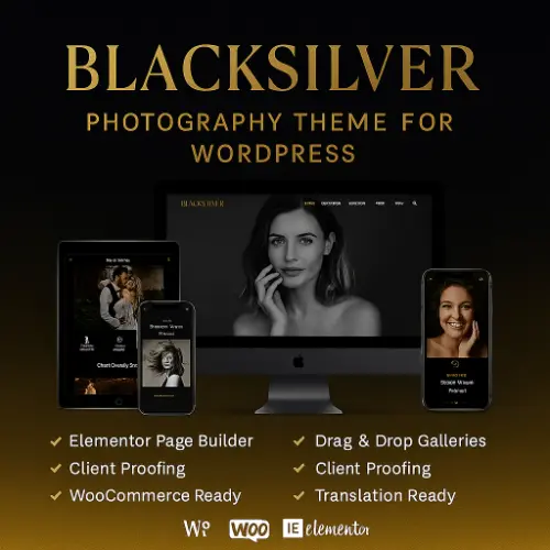 Blacksilver WordPress theme preview showing fullscreen photography layout with gallery sliders, client proofing, and minimalist design.