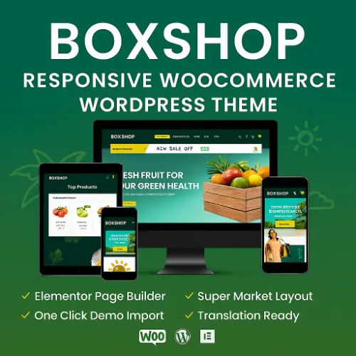 BoxShop WordPress theme preview showing responsive WooCommerce layout with product grids, mega menu, quick view, and AJAX search.