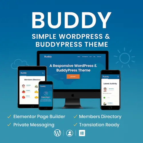 Buddy WordPress theme preview showing community layout with user profiles, activity streams, messaging, and BuddyPress integration.