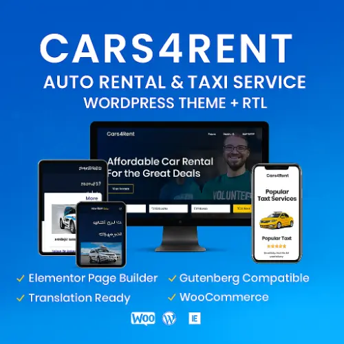 Cars4Rent WordPress theme preview showing auto rental layout with booking forms, fleet showcase, RTL support, and WooCommerce integration.