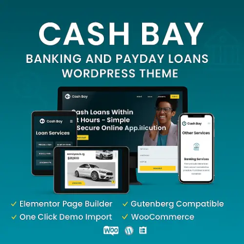 Cash Bay – Banking & Payday Loans WordPress Theme Preview Cash Bay WordPress theme preview showing financial layout with loan calculator, application forms, pricing tables, and WooCommerce integration.