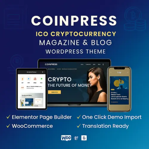 Coinpress WordPress theme preview showing cryptocurrency blog layout with ICO news sections, magazine-style grids, and Elementor integration.
