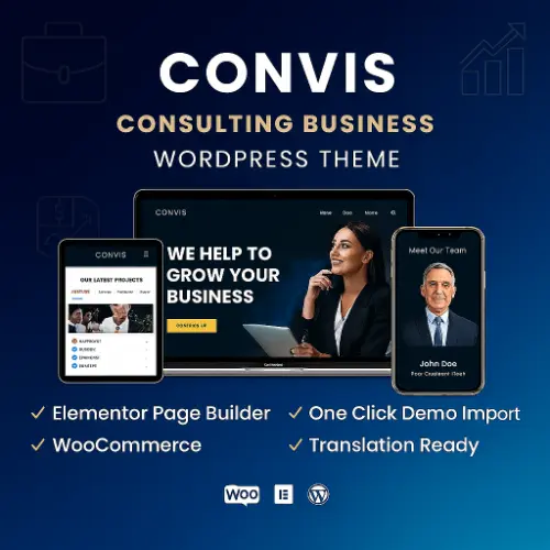 Convis WordPress theme preview showing consulting layout with service grids, team profiles, booking forms, and WooCommerce integration.
