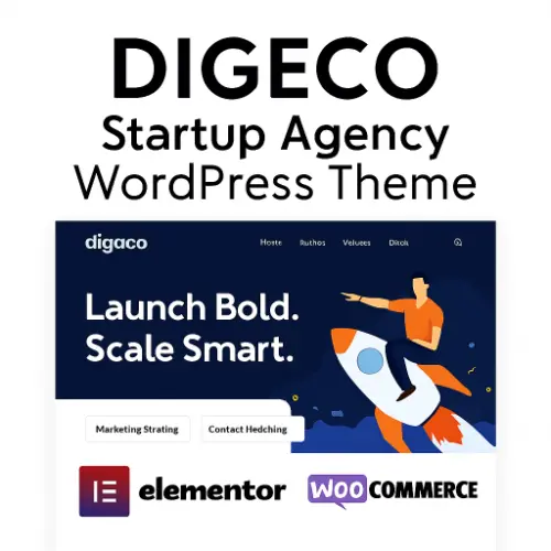 Digeco WordPress theme preview showing startup agency layout with service grids, lead capture forms, Elementor builder, and WooCommerce integration.