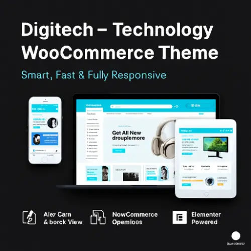 Digitech – Technology WooCommerce WordPress Theme Preview Digitech WordPress theme preview showing tech store layout with product grids, category banners, Elementor builder, and WooCommerce integration.