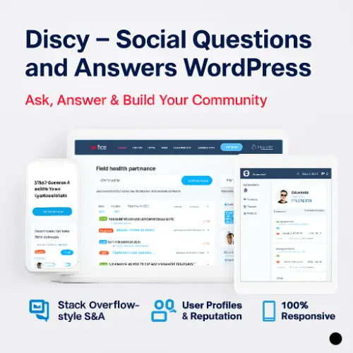 Discy – Social Questions and Answers WordPress Theme Preview Discy WordPress theme preview showing Q&A community layout with question threads, voting, user badges, front-end submission, and mobile-friendly design.