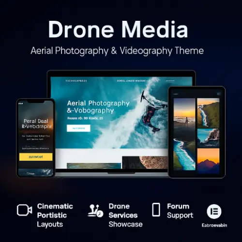 Drone Media – Aerial Photography & Videography WordPress Theme Preview Drone Media WordPress theme preview showing aerial photography layout with fullscreen video, service grids, Elementor builder, and WooCommerce integration.