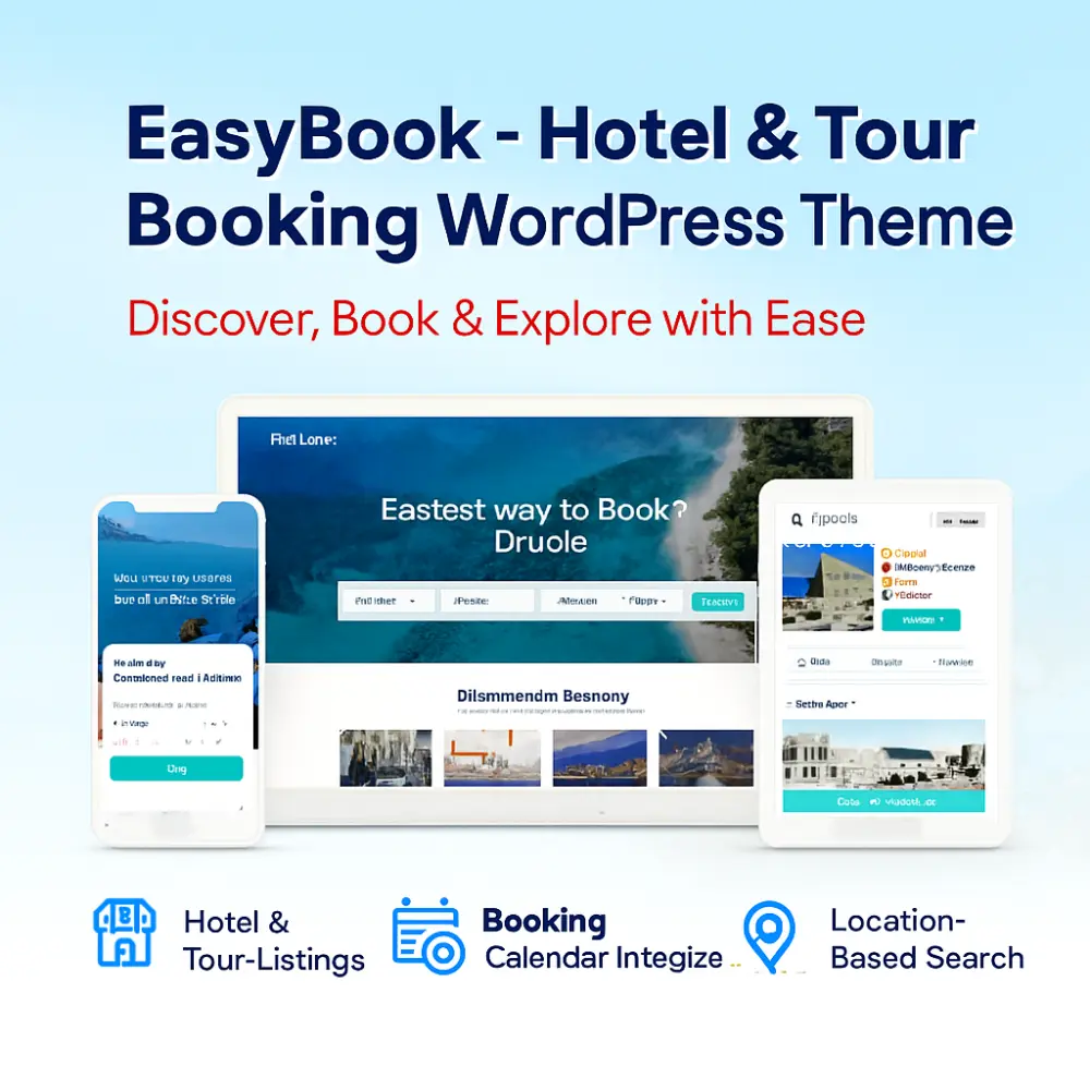 EasyBook WordPress theme preview showing hotel and tour booking layout with map filters, listing grids, Elementor builder, and WooCommerce integration.