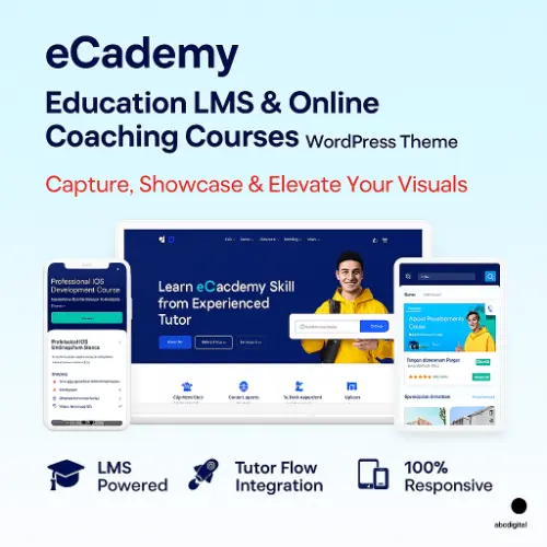 eCademy – Education LMS & Online Coaching WordPress Theme Preview eCademy WordPress theme preview showing online education layout with course grids, instructor profiles, LMS modules, and WooCommerce integration.