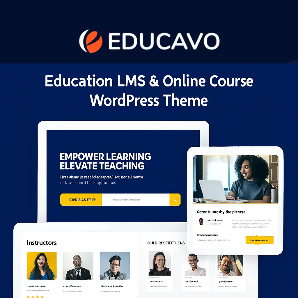 Educavo – Education LMS & Online Course WordPress Theme Preview Educavo WordPress theme preview showing education layout with course grids, instructor profiles, LMS modules, and WooCommerce integration.