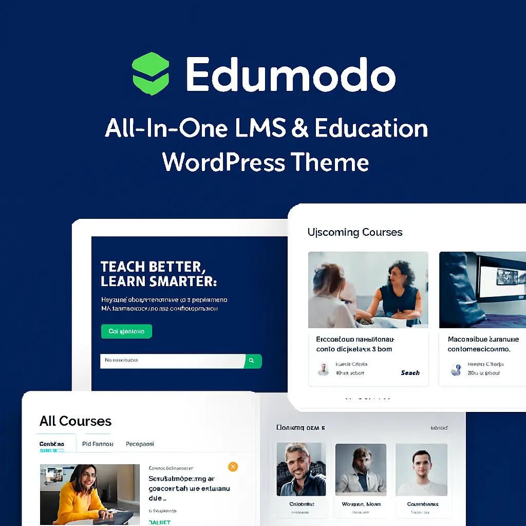 Edumodo – All-in-One LMS & Education WordPress Theme Preview Edumodo WordPress theme preview showing education layout with course grids, instructor profiles, LMS modules, and WooCommerce integration.