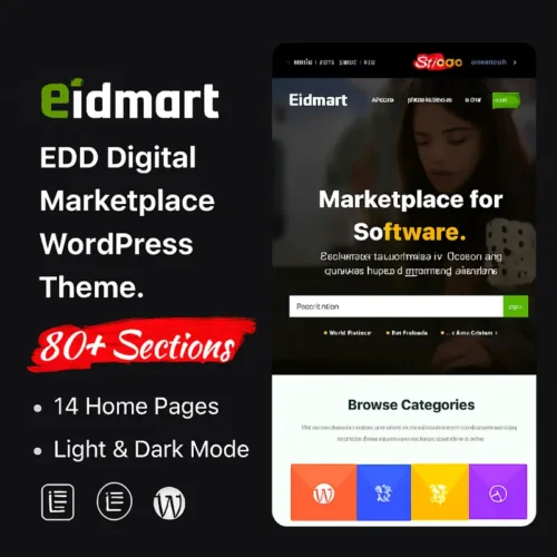 Eidmart WordPress theme preview showing digital marketplace layout with product grids, vendor profiles, Ajax filters, and Easy Digital Downloads integration.