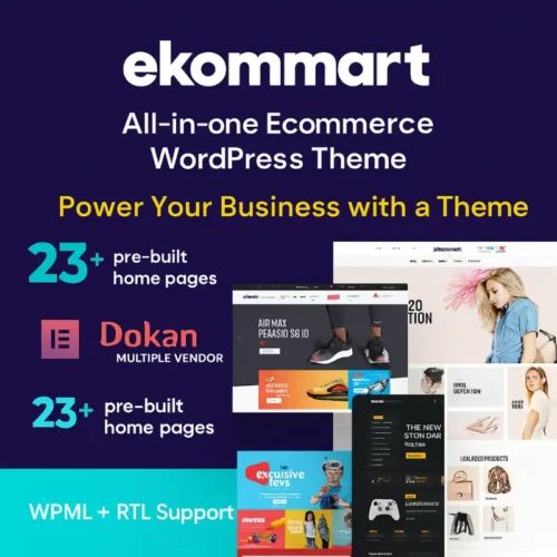 Ekommart WordPress theme preview showing multi-niche eCommerce layout with product grids, category banners, vendor profiles, and WooCommerce integration.