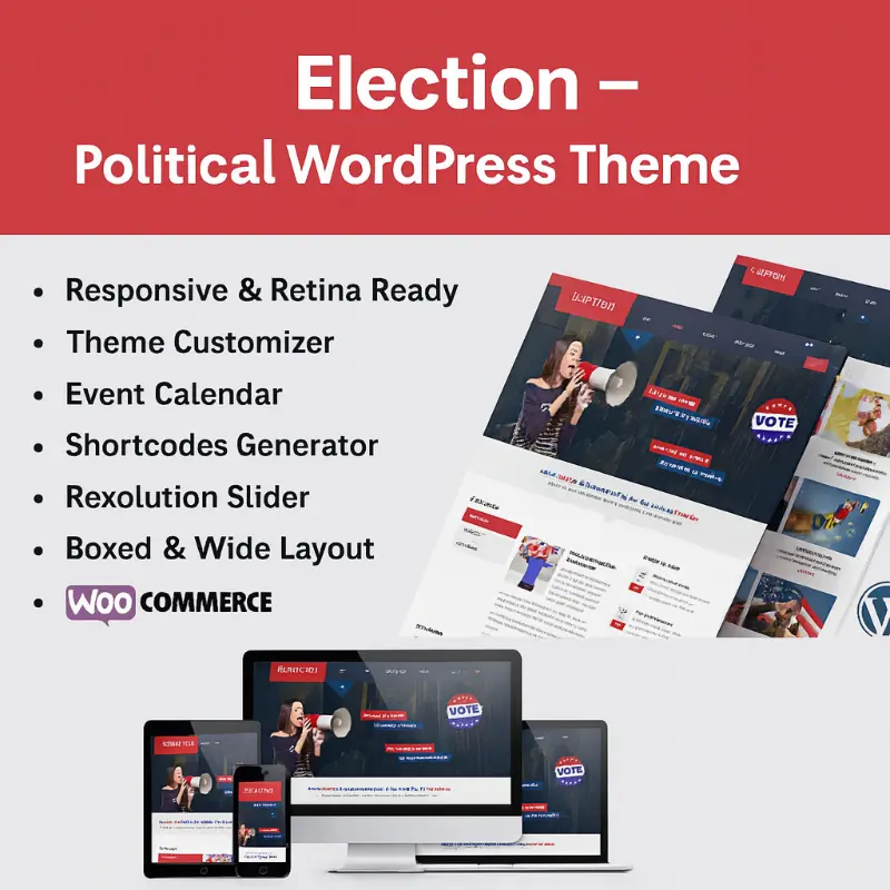 Election WordPress theme preview showing political campaign layout with candidate profiles, donation forms, event calendars, and social media integration.