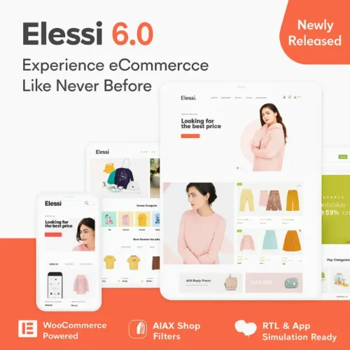 Elessi WordPress theme preview showing AJAX-powered eCommerce layout with product grids, swatches, RTL support, and WooCommerce integration.