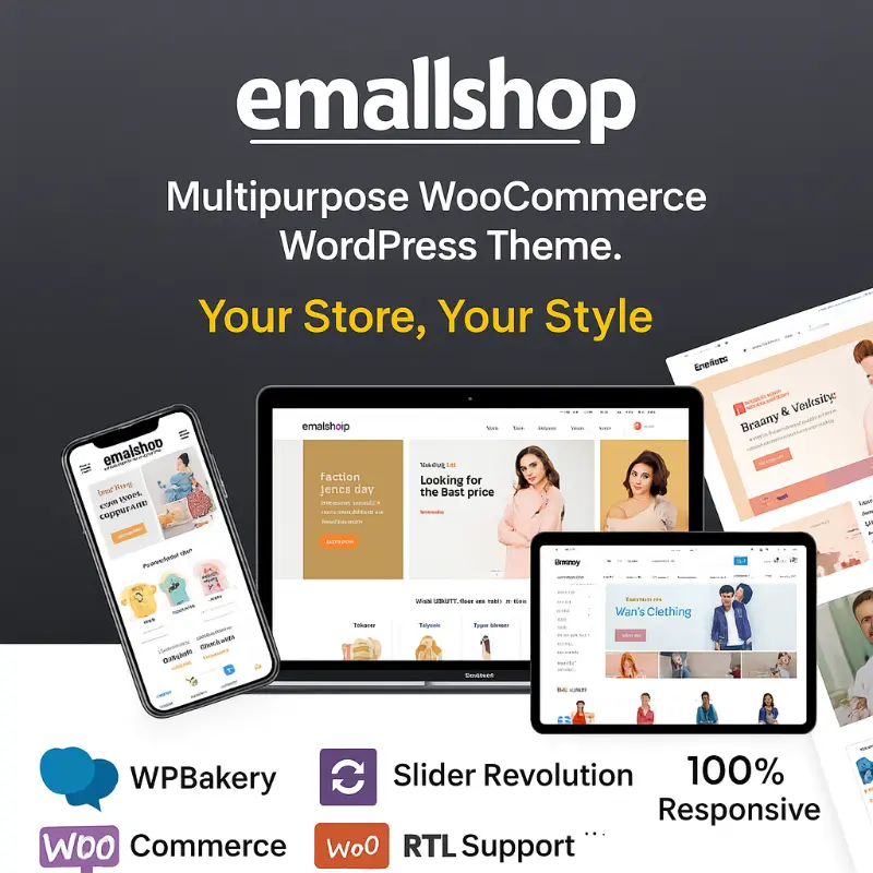 EmallShop WordPress theme preview showing eCommerce layout with product grids, category banners, RTL support, and WooCommerce integration.