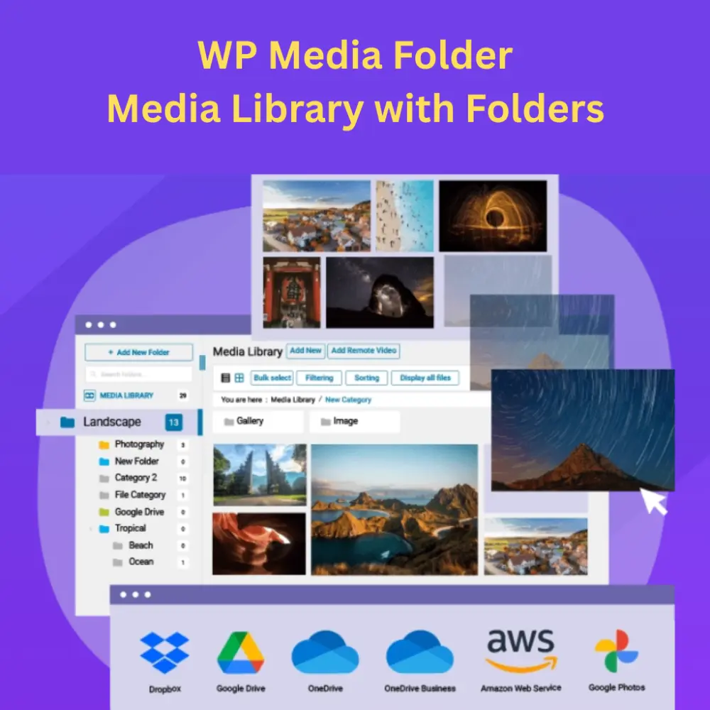 WP Media Folder – GPL WordPress Media Organizer Plugin WP Media Folder plugin interface showing folder tree and cloud sync options