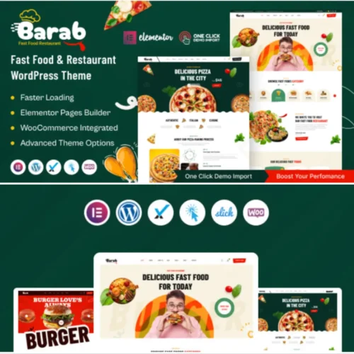 Barab WordPress Theme showcasing fast food and restaurant layouts
