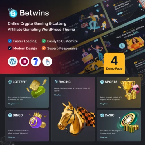 Betwins WordPress Theme showcasing crypto gaming and lottery layouts