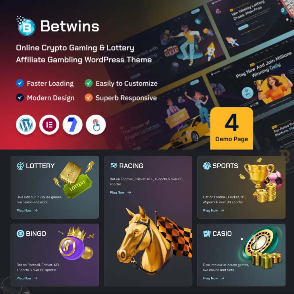 Betwins – Online Crypto Gaming & Lottery Giveaways Affiliate WordPress Theme Betwins WordPress Theme showcasing crypto gaming and lottery layouts