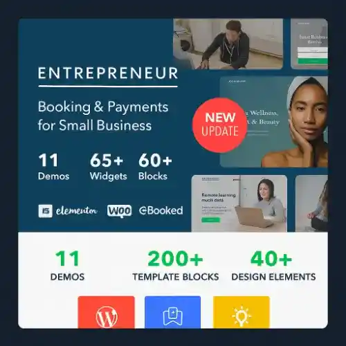Entrepreneur WordPress theme preview showing booking layout with service grids, appointment forms, testimonials, and WooCommerce integration.