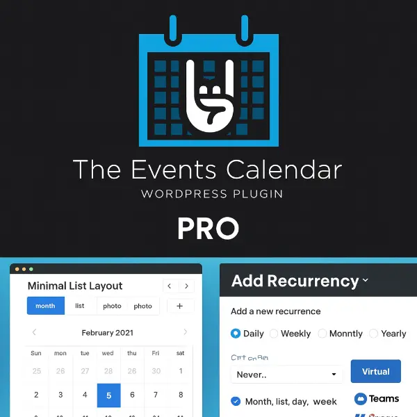The Events Calendar PRO plugin preview showing calendar views, recurring event settings, and virtual event integrations.