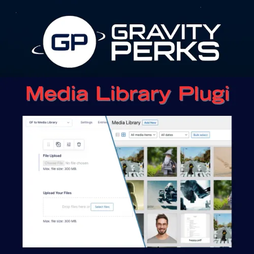 Gravity Forms Media Library plugin interface showing file upload panel and WordPress Media Library thumbnails