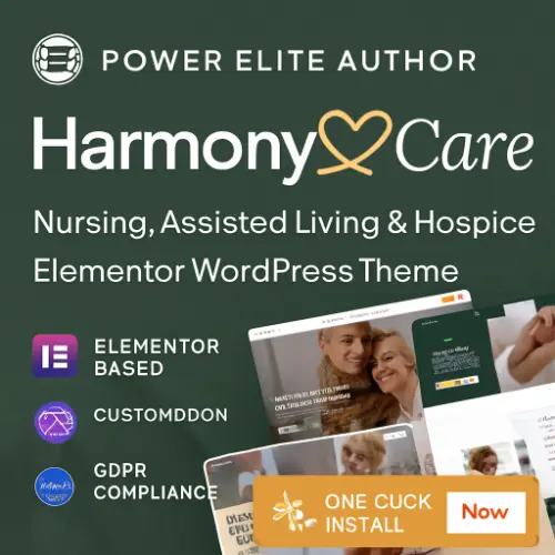 Harmony Care WordPress Theme showcasing nursing home and senior care layouts