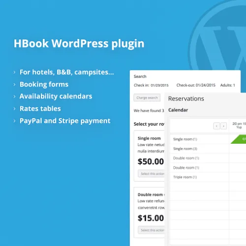 HBook Hotel Booking System plugin interface showing availability calendar and booking form