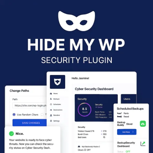 Hide My WP plugin preview showing login cloaking, IDS firewall dashboard, and plugin detection blocking.