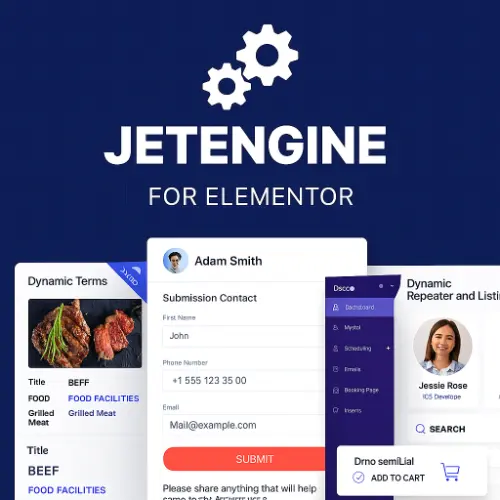 JetEngine plugin preview showing dynamic terms, submission form, and repeater listing UI for Elementor.