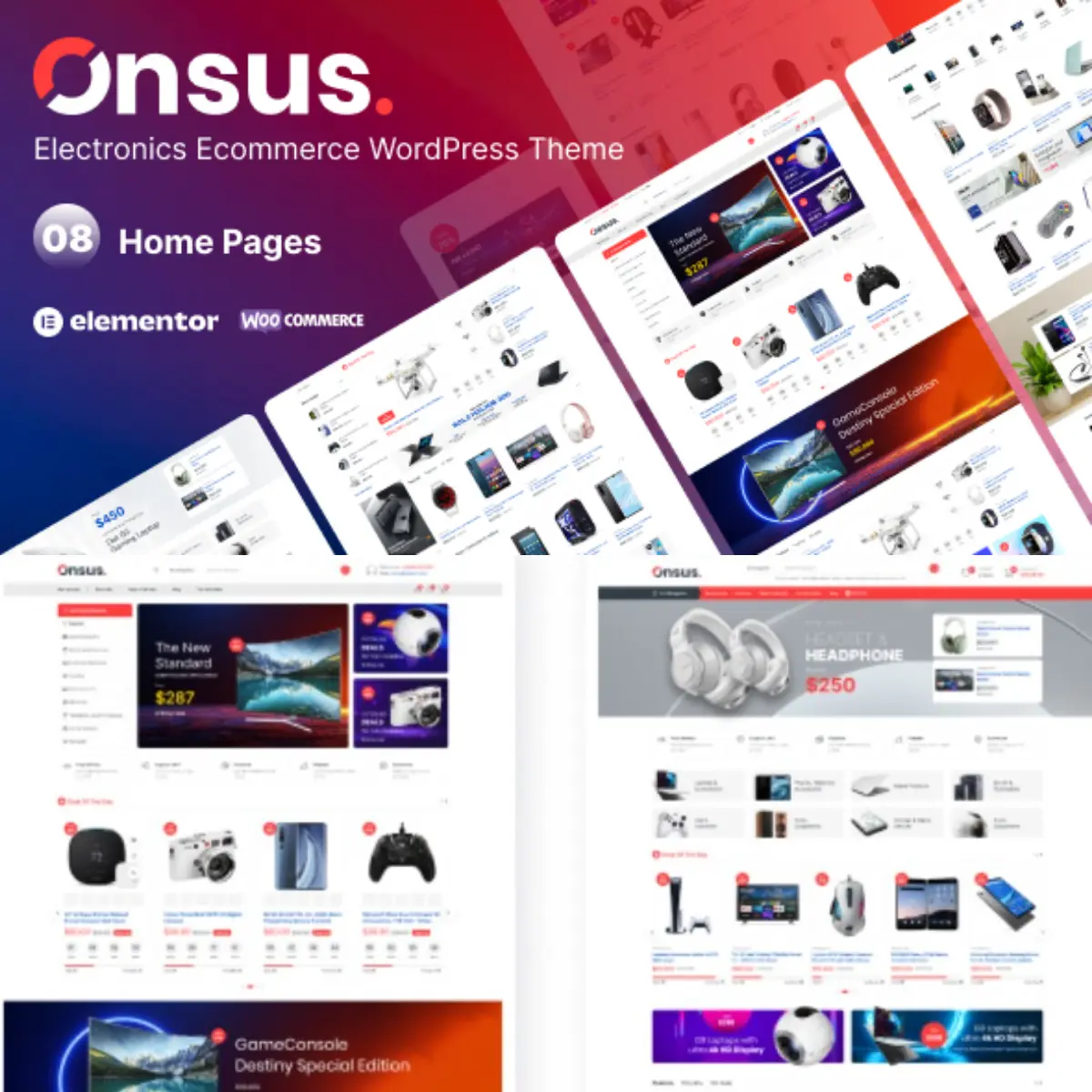 Onsus – Electronics E‑commerce WordPress Theme Onsus WordPress Theme showcasing electronics e‑commerce layouts