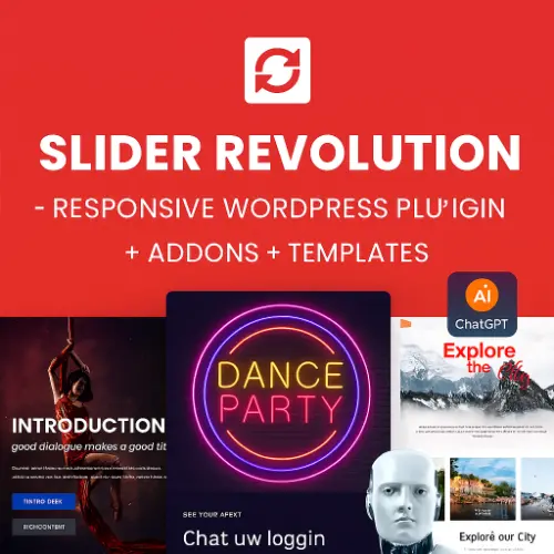 Slider Revolution plugin preview showing animated slider templates and visual editor.
